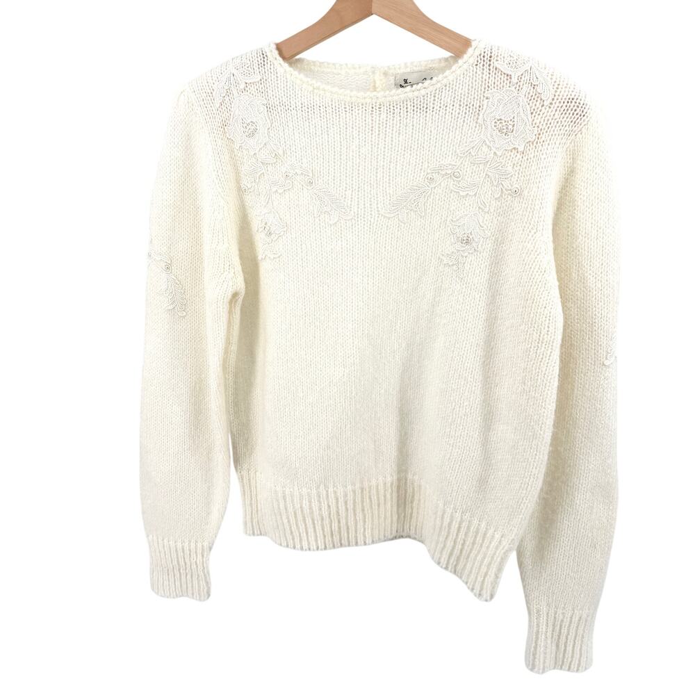 Vintage 90s Dana Ashley Cream Lace Pearl Keyhole Sweater Top